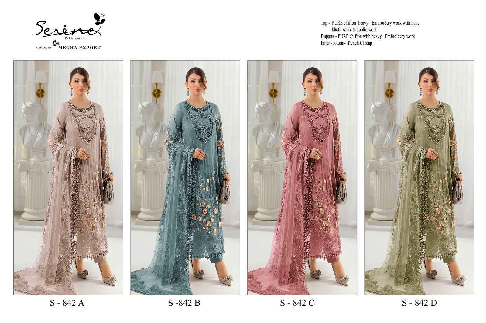 Serine D No S 842 Chiffon Dress Material 4 pcs Catalogue